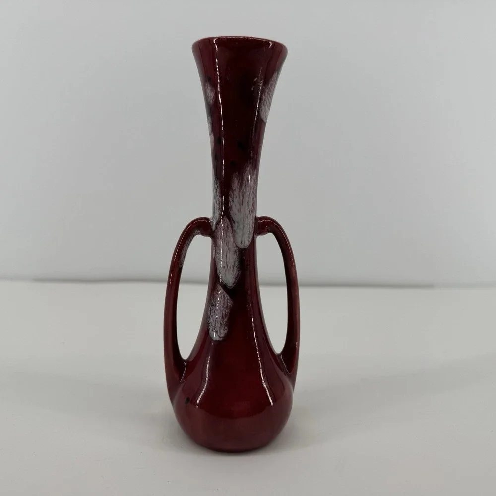 Vtg Art Nouveau Red Subtle Floral Drip Glaze Mid Century Double Handled Bud Vase